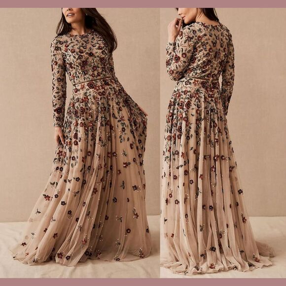 NWT $698 Mac Duggal [ 22 ] Floral Applique Long Sleeve Illusion Gown Roses #S955 - Picture 1 of 16